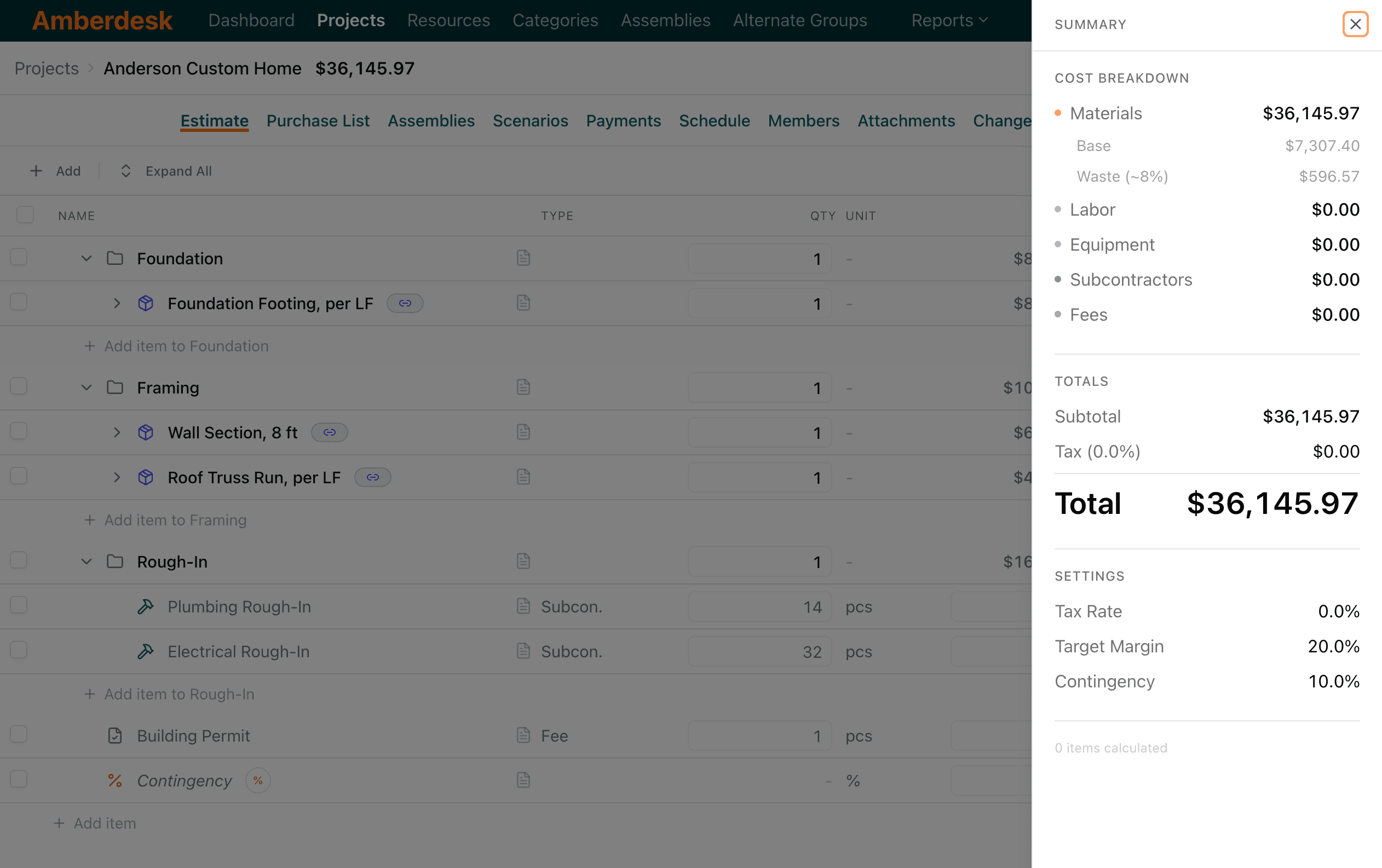 Project estimate view with totals